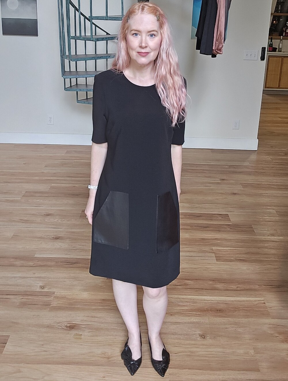 Black Shift Dress with Faux Leather Pockets 6